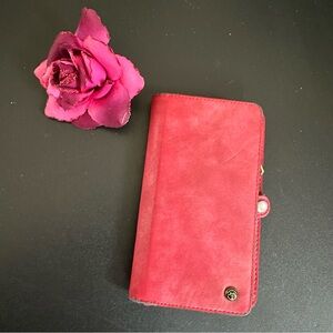 ⭐️ Red Faux Suede Wallet & Phone Case with Rose Brooch